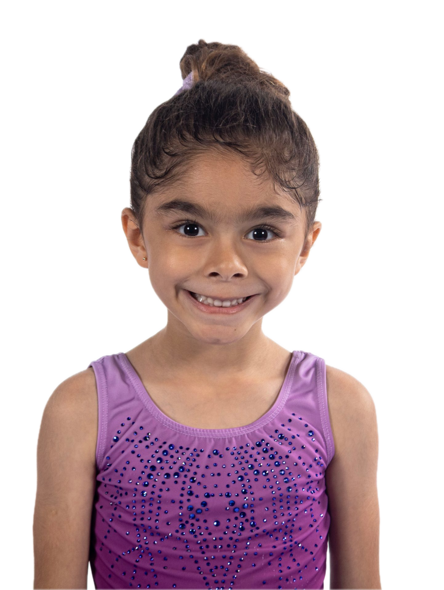 Retrato de una gimnasta de Eurogym con leotardo rosa y lila